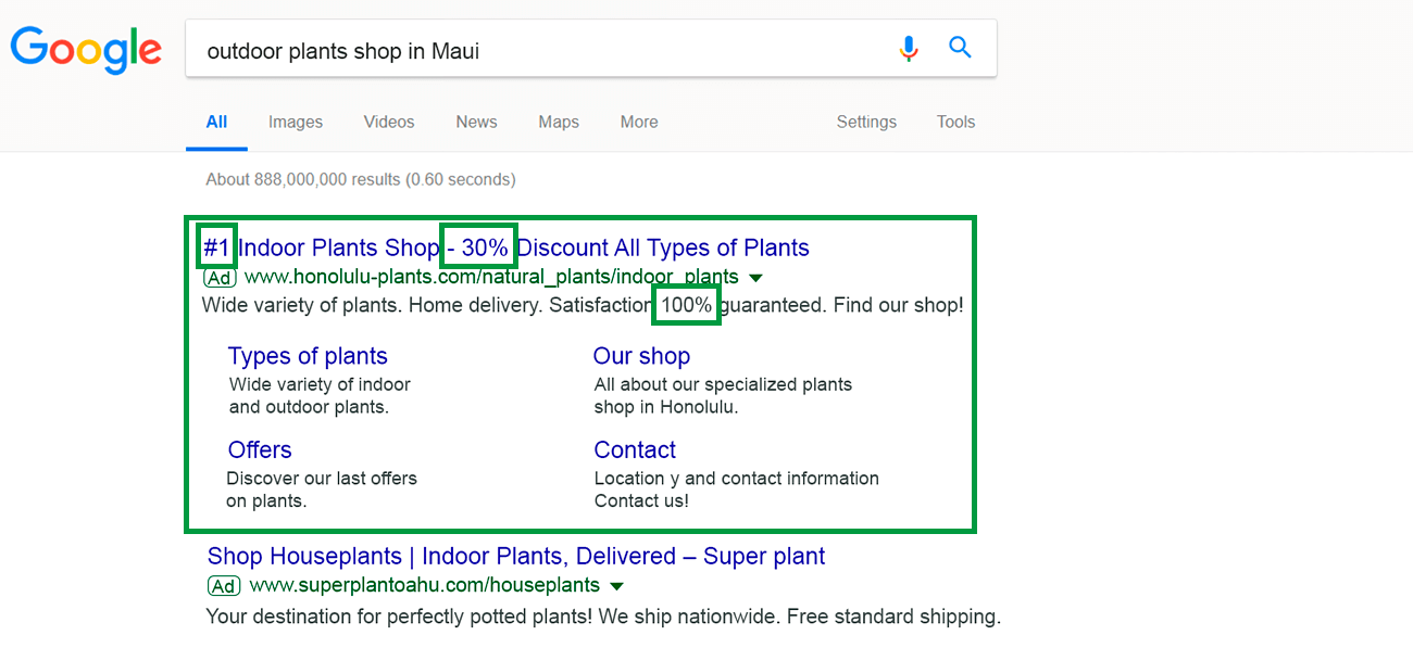 How to increase visibility on google. Ad example with capital letters and numbers.