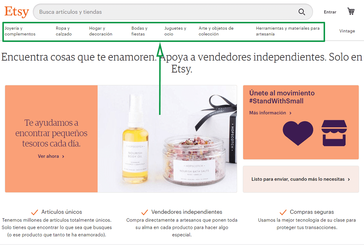 Estrategias para vender artesanías por internet. Página de Etsy