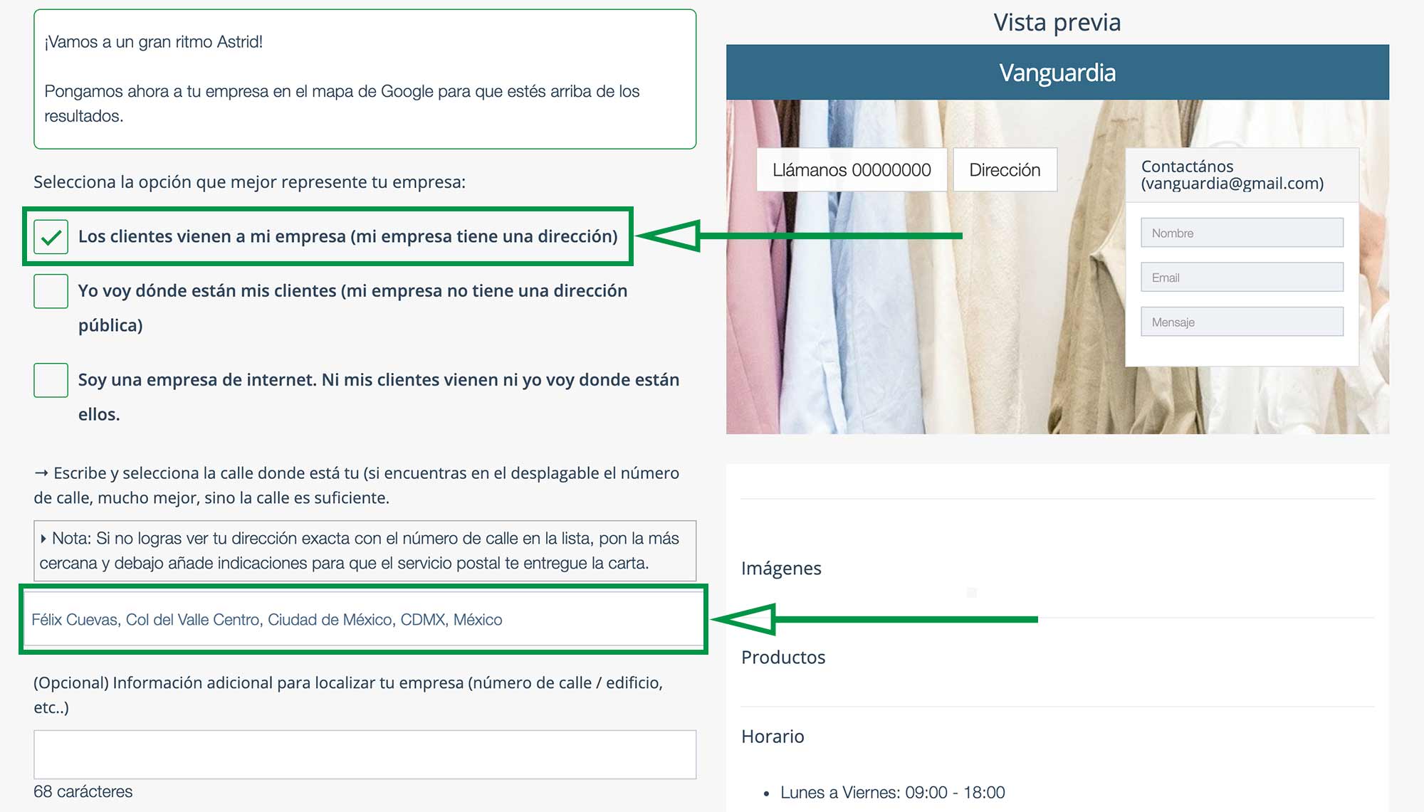 Crear Página Web para vender ropa. Dirección física