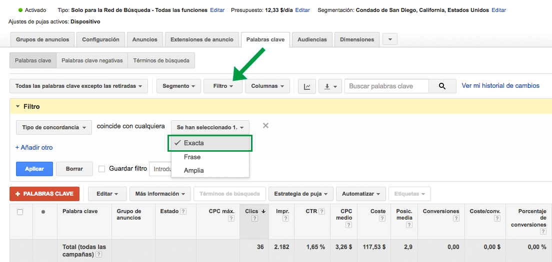Filtro en AdWords de tipos de concordancia de palabras clave.