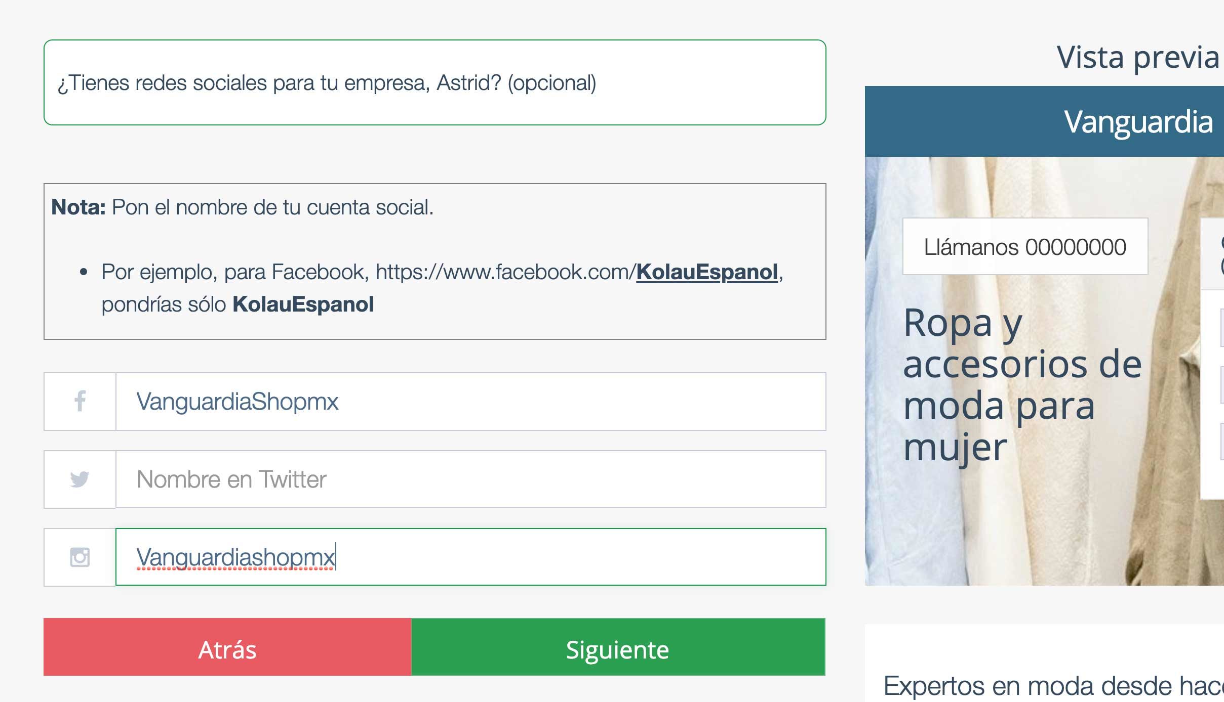 Crear Página Web para vender ropa. Enlaces Redes Sociales