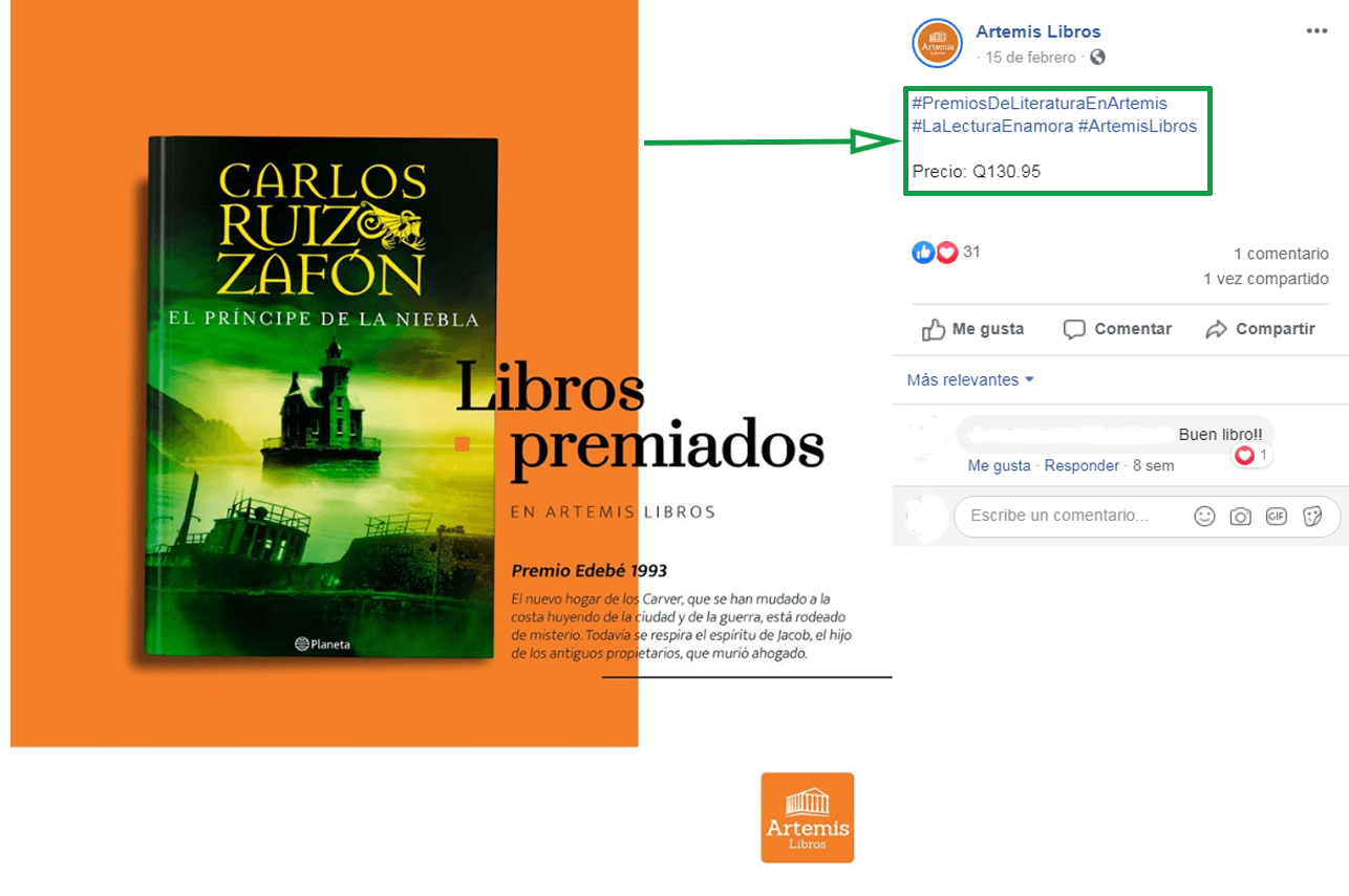 Marketing para librerías. Ejemplo de publicación en Facebook.