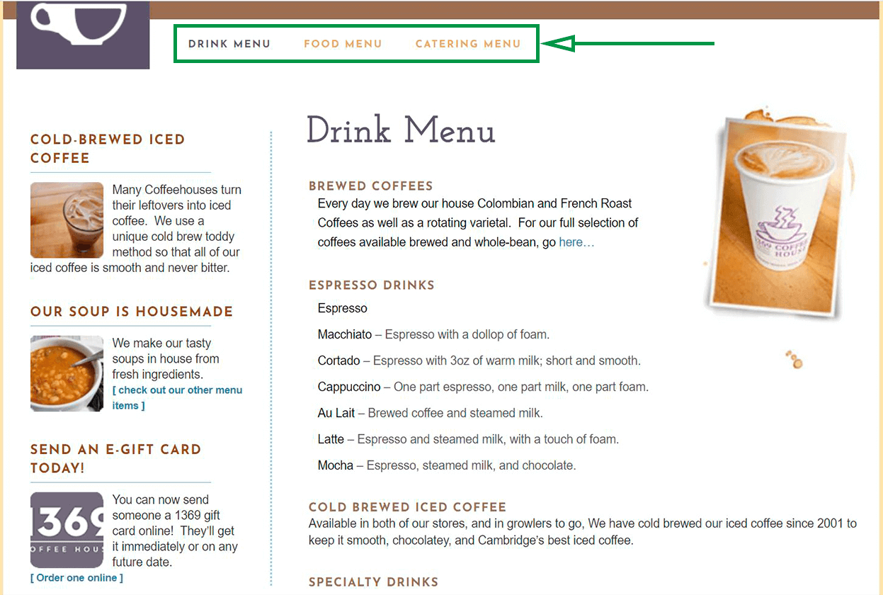 Marketing para cafeterías. Ejemplo de menú en sitio web.