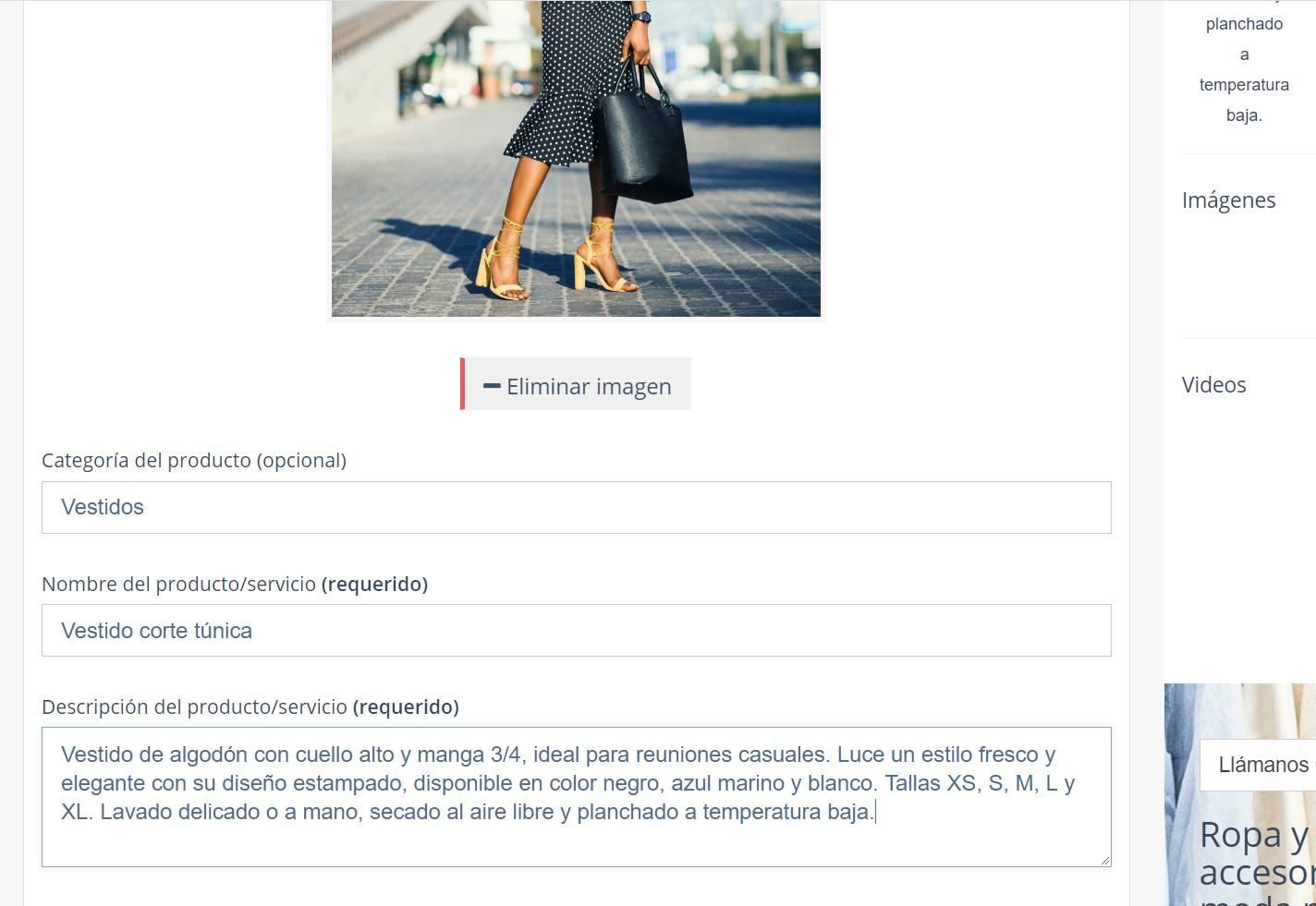 Crear Página Web para vender ropa. Descripción de producto