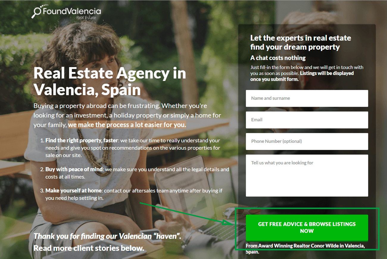 landing page for real estate found valencia landing page