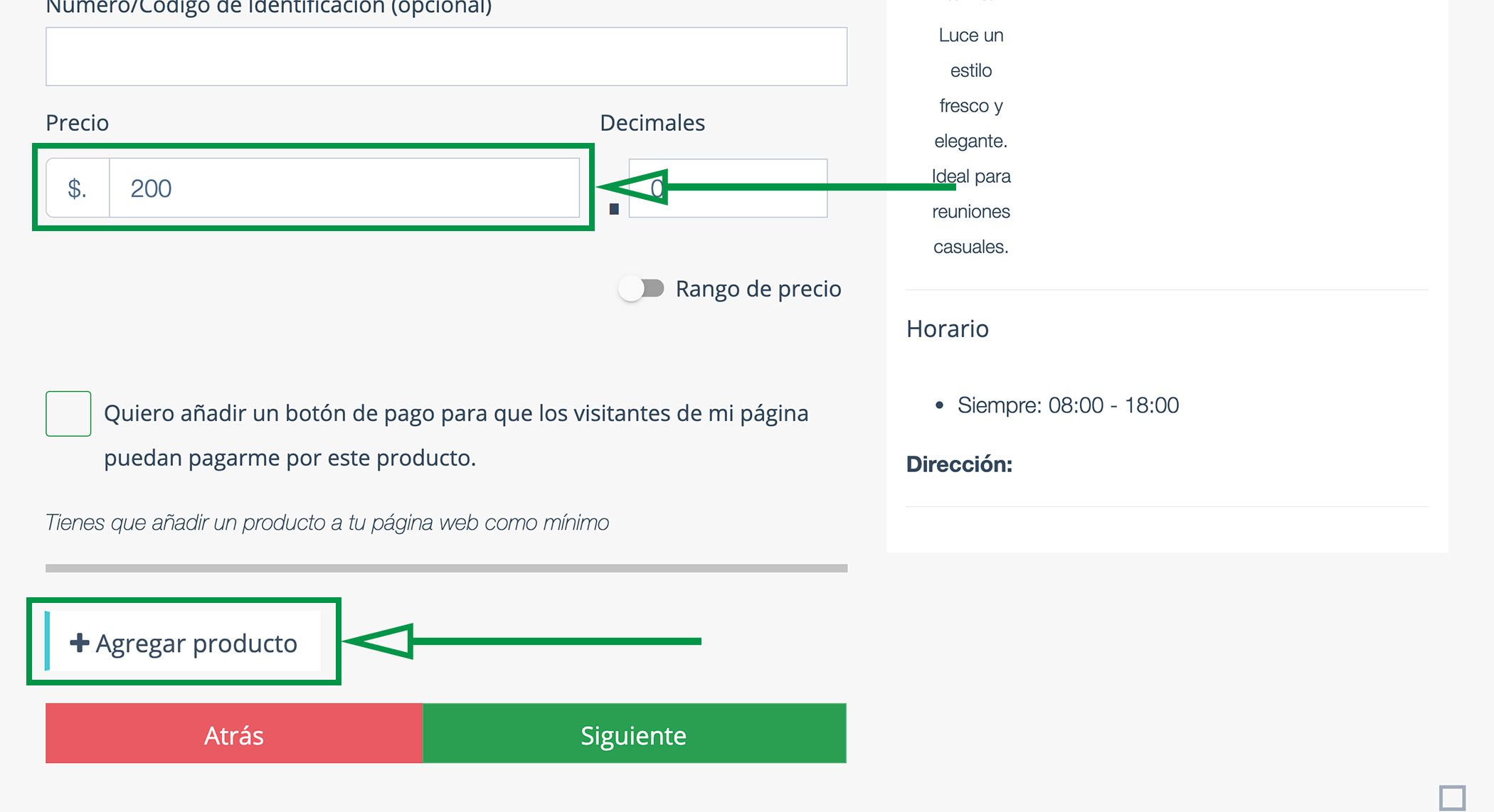 Crear Página Web para vender ropa. Precio de Producto