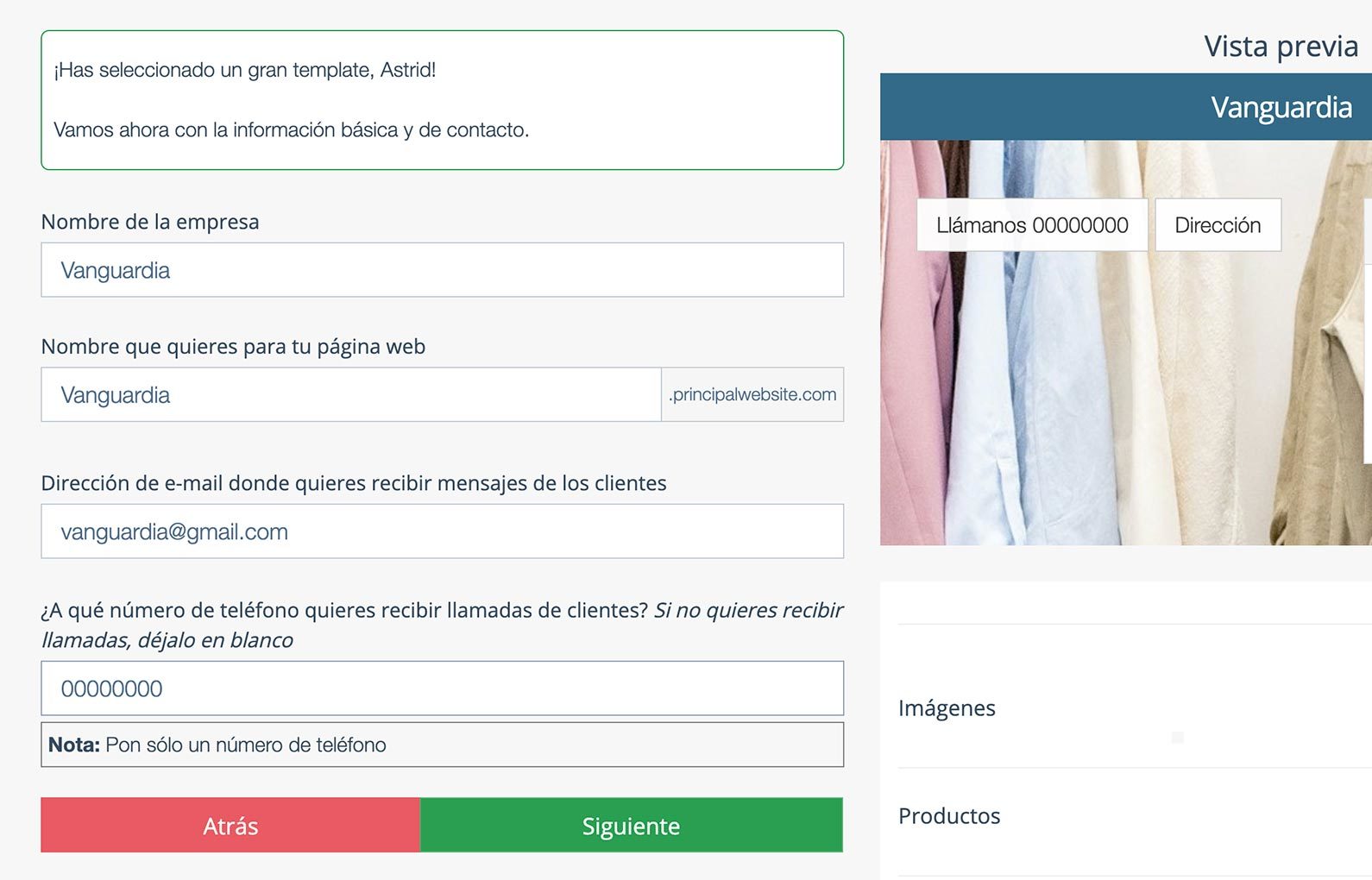 Crear Página Web para vender ropa. Información de contacto