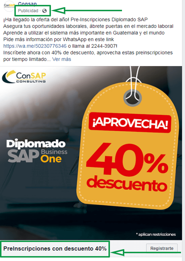 Cuánto gastar en publicidad. EJemplo de anuncio en Facebook