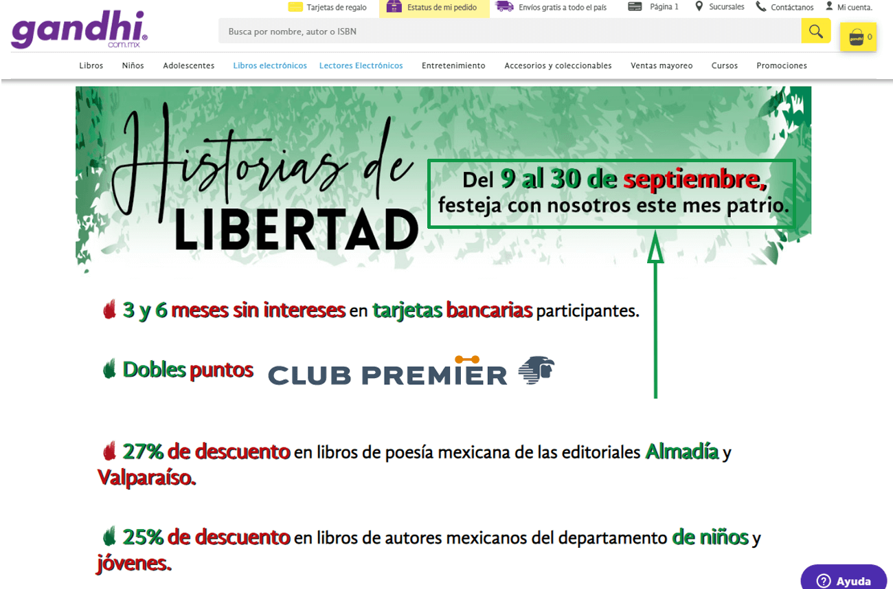 Marketing para librerías. Mes patrio en Librería Gandhi