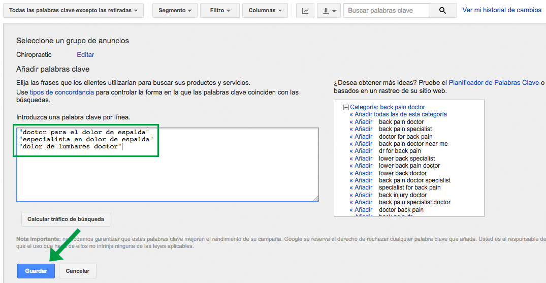 Se añaden nuevas palabras clave de concordancia exacta en la interfaz web de Google AdWords
