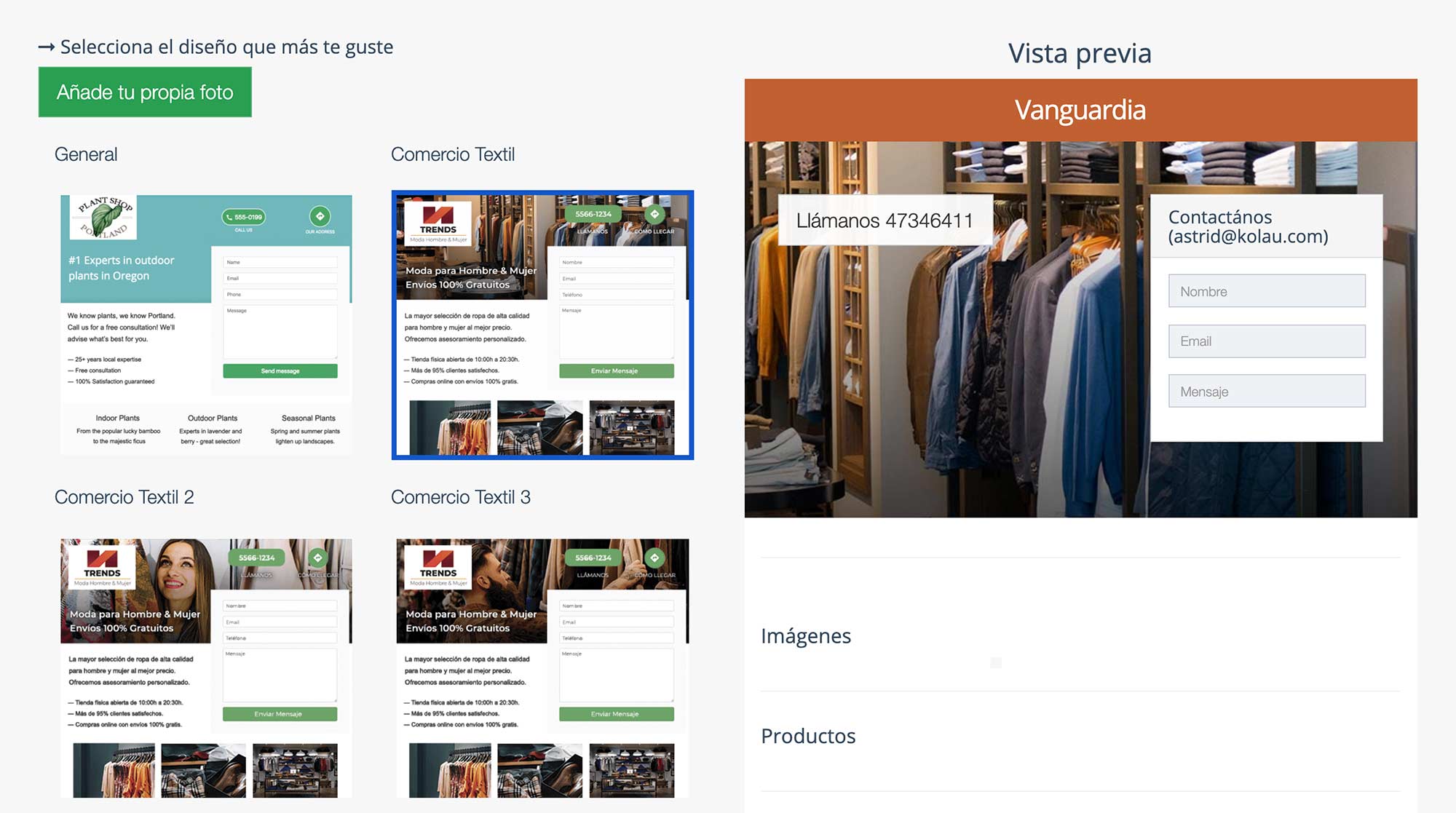 Crear Página Web para vender ropa. Portadas predeterminadas